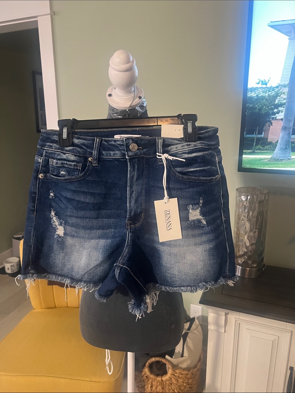 Zenana Outfitters Dark Indigo Distressed Denim Shorts